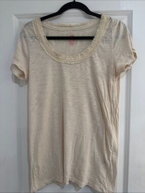 Joe Fresh Cream Scoop Neck Short Sleeve Tee with Ruffle Trim